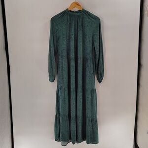 A New Day Midi Dress Size Small Green On Green Print Long Sleeve Tiered